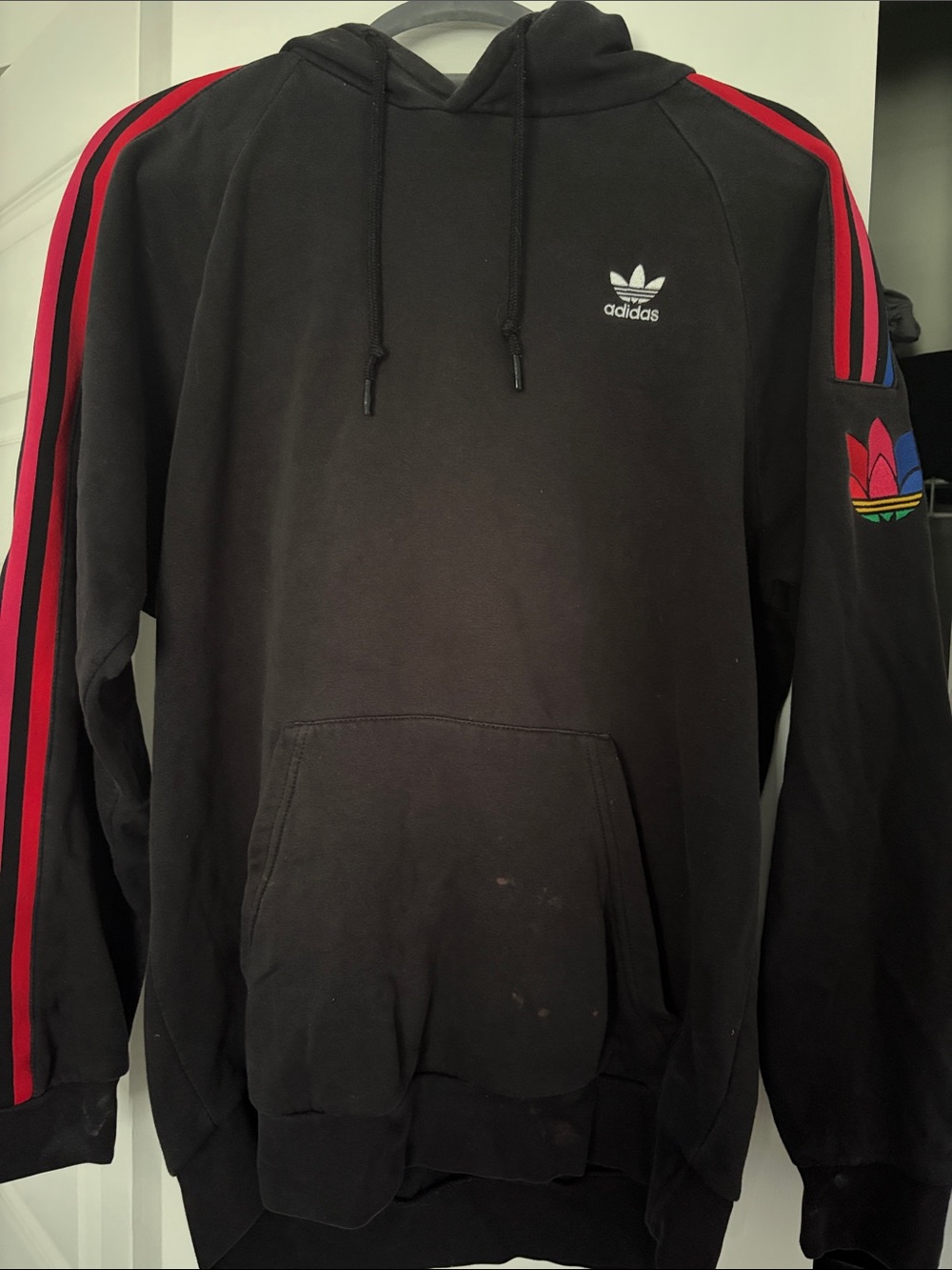 adidas Black Hoodie with Red Sleeve Stripes and Multi-Color Trefoil